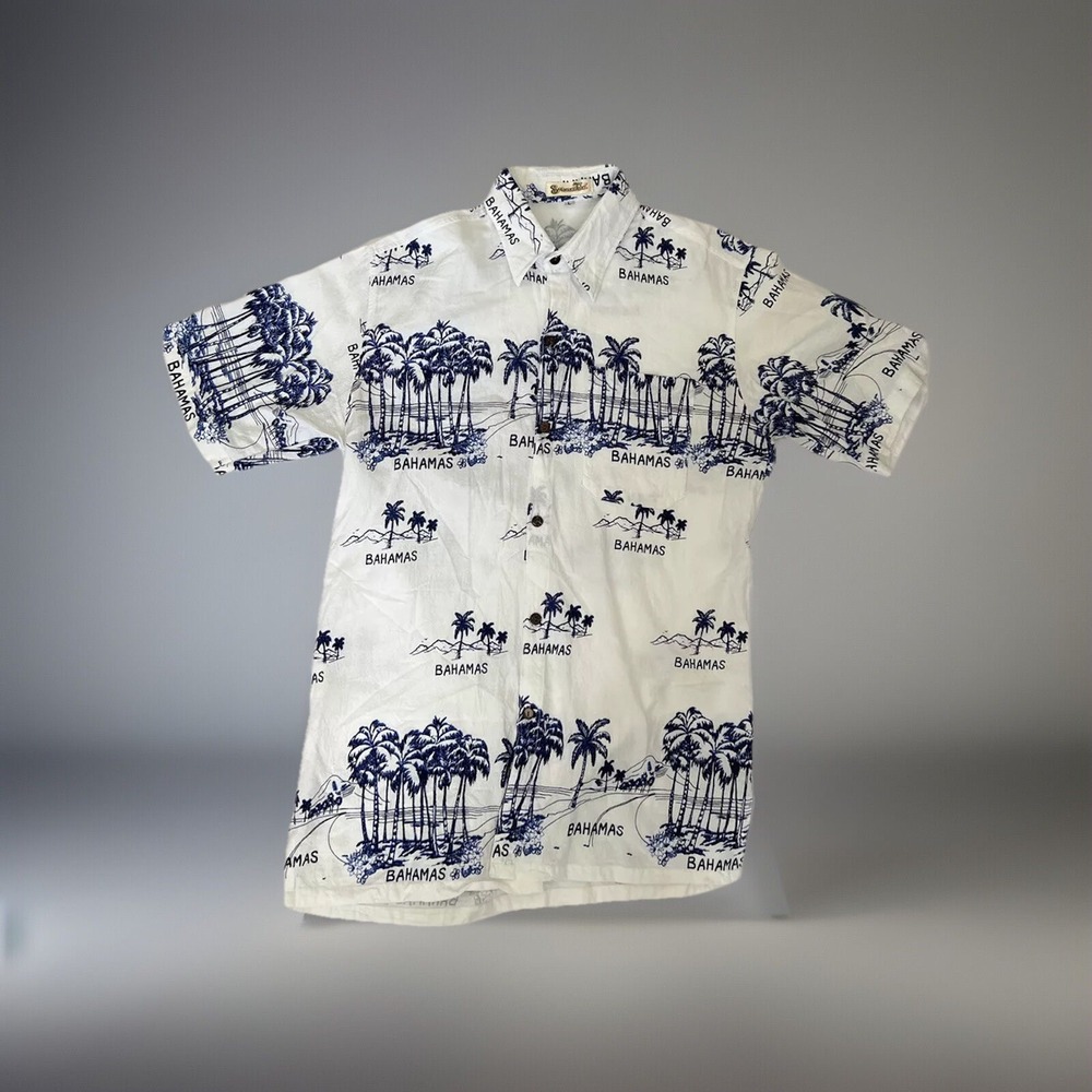 Shoreline Shirt Mens Large White Blue Bahamas Palm Tree Print‎ Button Up Cotton